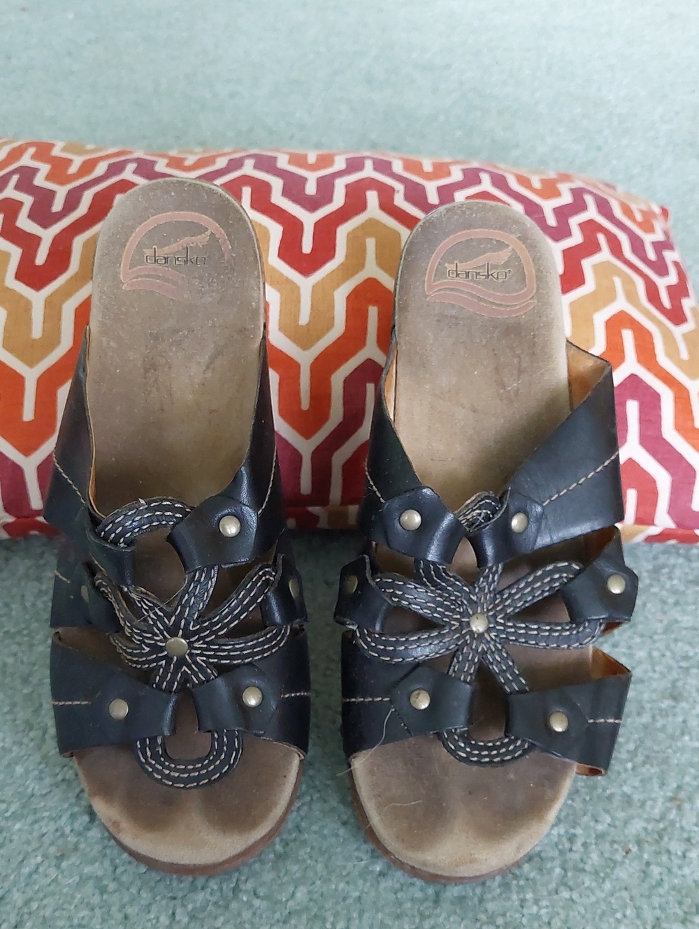 Dansko Black Leather Braided Slide Sandals with Rivet Accents